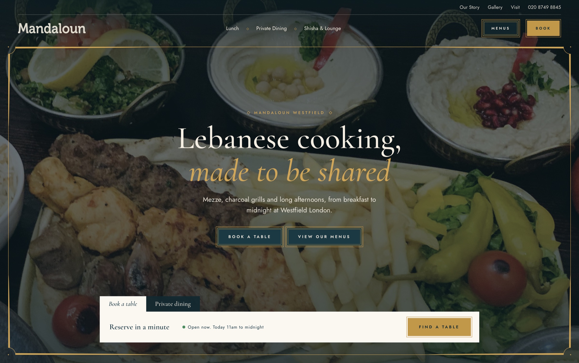 Screenshot of the website ZC Studios redesigned for Mandaloun Westfield, a Lebanese restaurant in West London